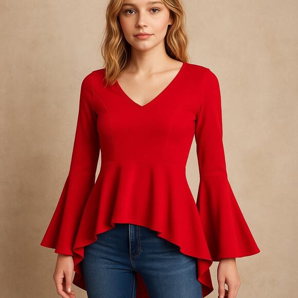 Ups & Downs Red Peplum Flare Sleeve Top Retro 90s Y2K Small Holiday Christmas - Picture 8 of 8